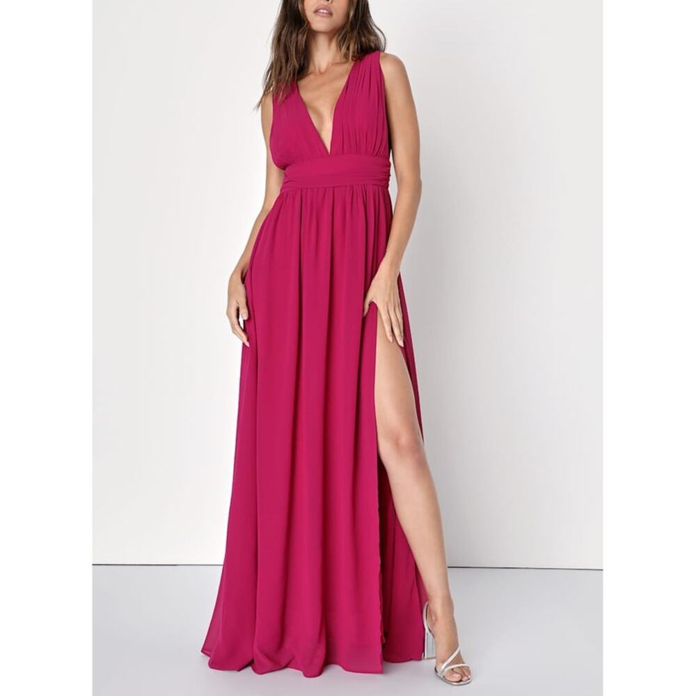 NEW Lulus Heavenly Hues Magenta Airy Woven Chiffon V-Neck Maxi Dress Medium